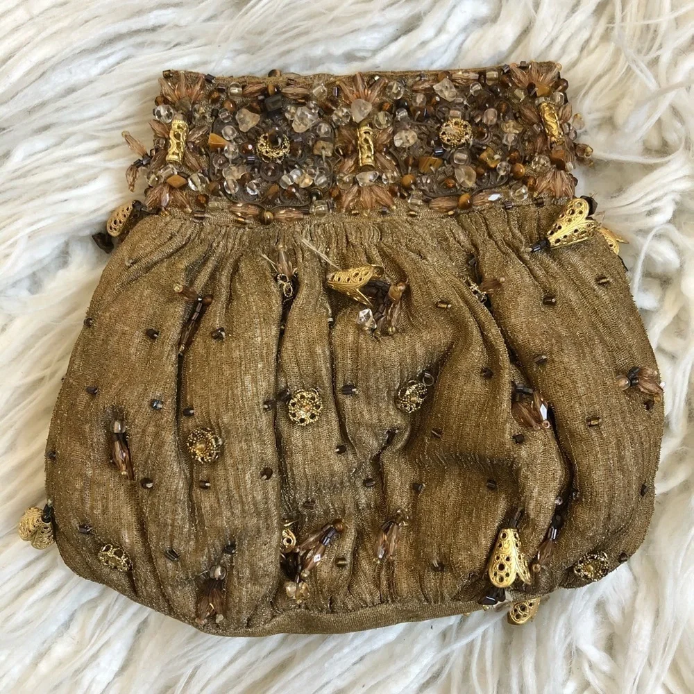 Meeras Nilofer Shahid Tan Gold Hand Beaded Pakistani Silk Evening Bag Clutch